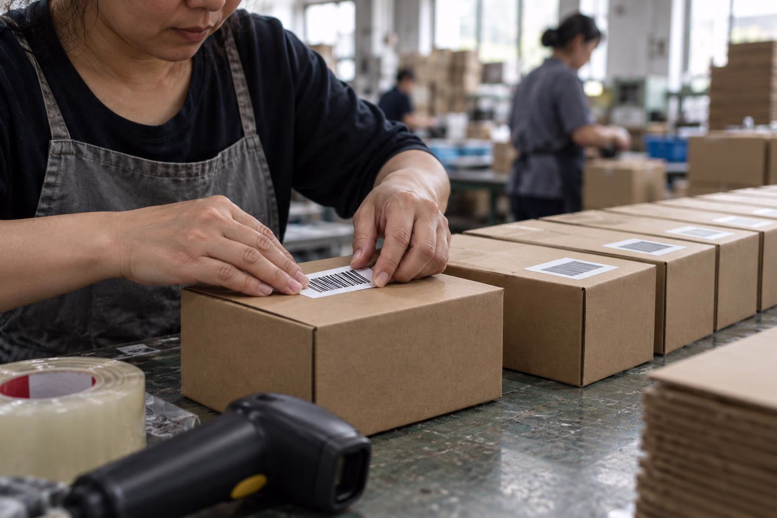 Un opérateur applique une étiquette code-barres sur une boîte neutre, à l'établi d'une usine