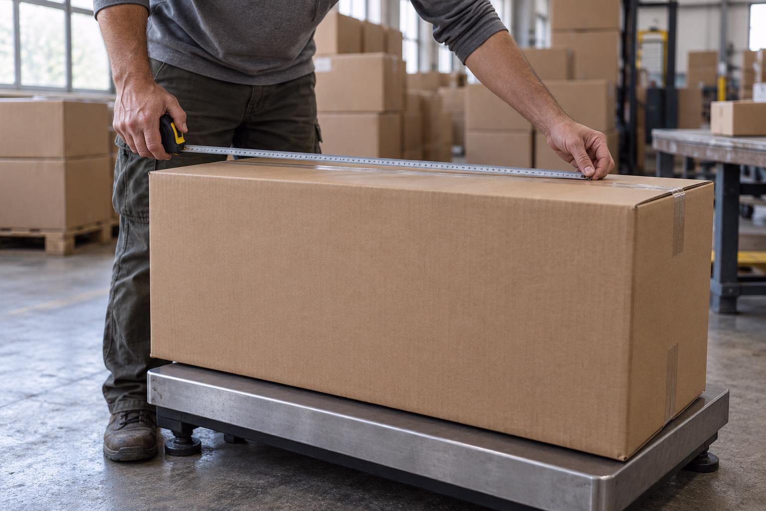 Un opérateur mesure un carton ondulé au mètre ruban, le carton posé sur une balance de sol