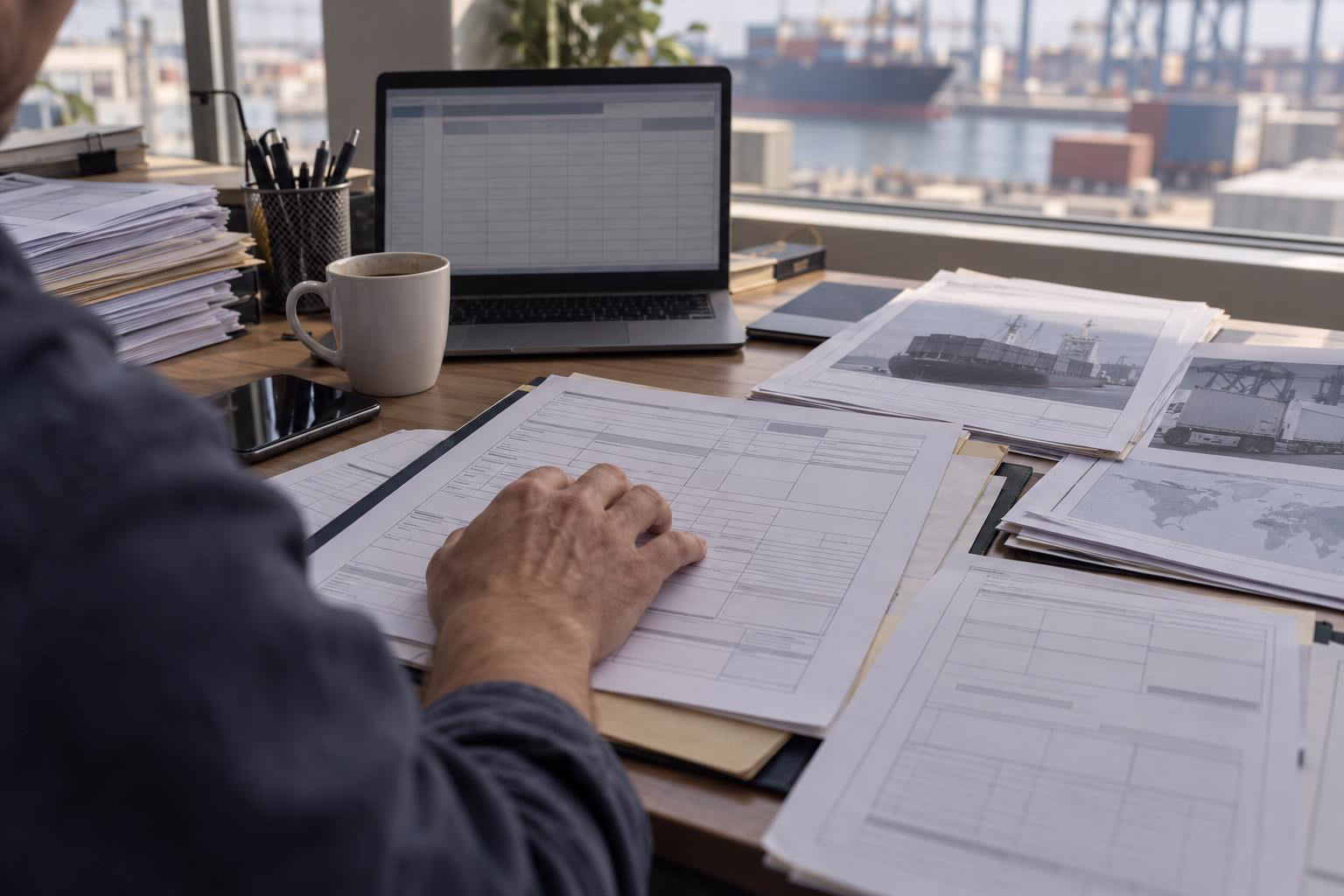 Le bureau d'un transitaire avec un ordinateur portable, une déclaration en douane imprimée et des documents d'expédition