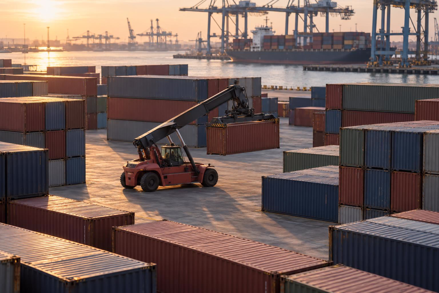 Conteneurs empilés sur un terminal, un reach stacker en déplace un
