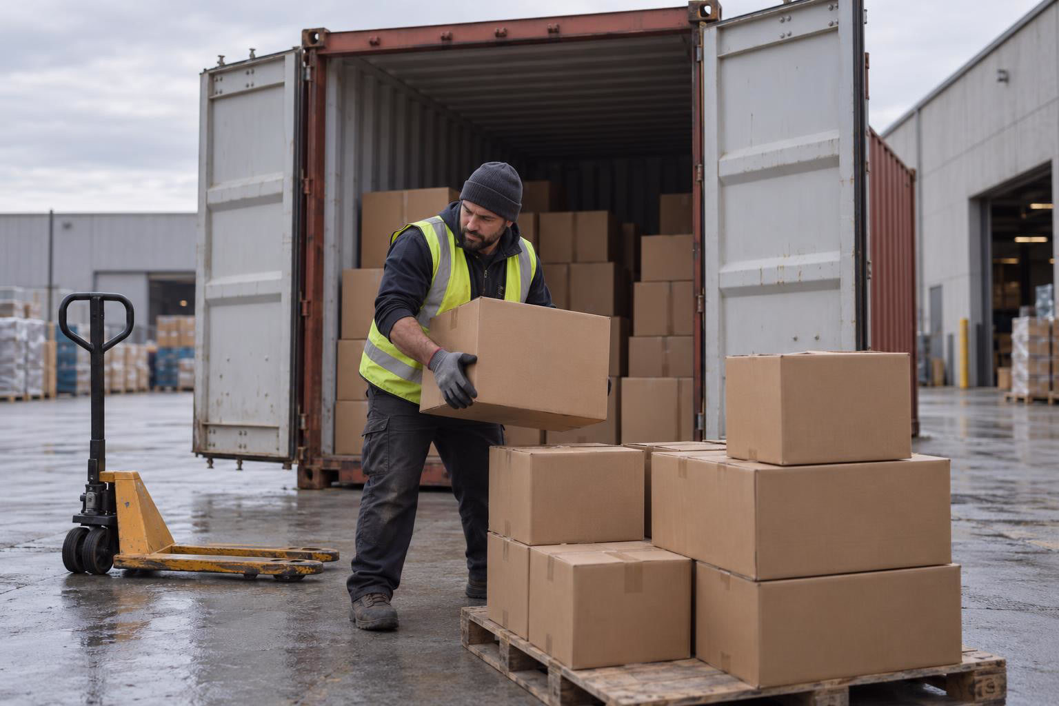 Conteneur ouvert au CFS, cartons au sol en attente de tri